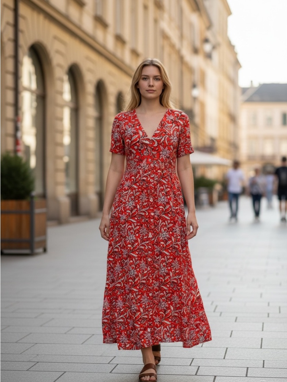 LOFT Red Pink Floral Maxi Dress Petite Short Sleeve Button SP